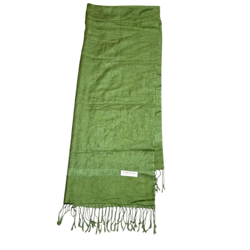 Cashmere Silk Pashmina Fringe Olive Green Paisley Scarf Wrap